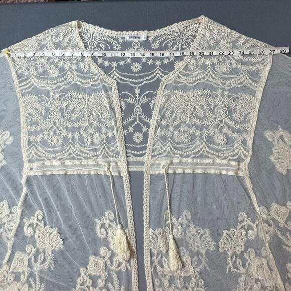 ROOMMATES Lace Duster Cardigan XL Beige Tie at Waist Tassels Boho Romantic Chic - Picture 11 of 11